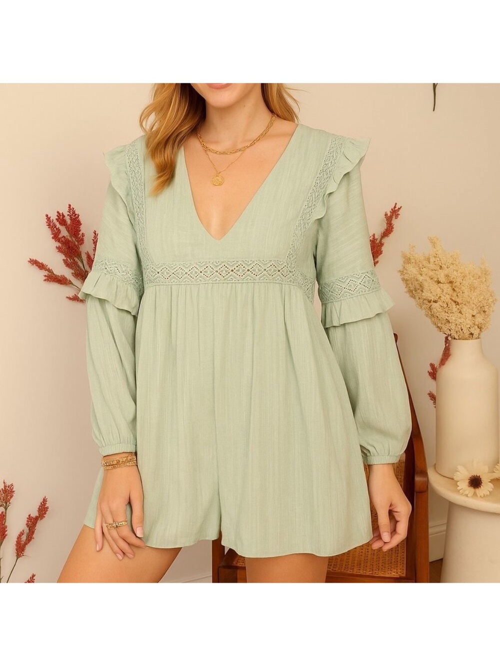 NWT Lumiere Sage Green Romber With Ruffled Details and Lace Trim - size small